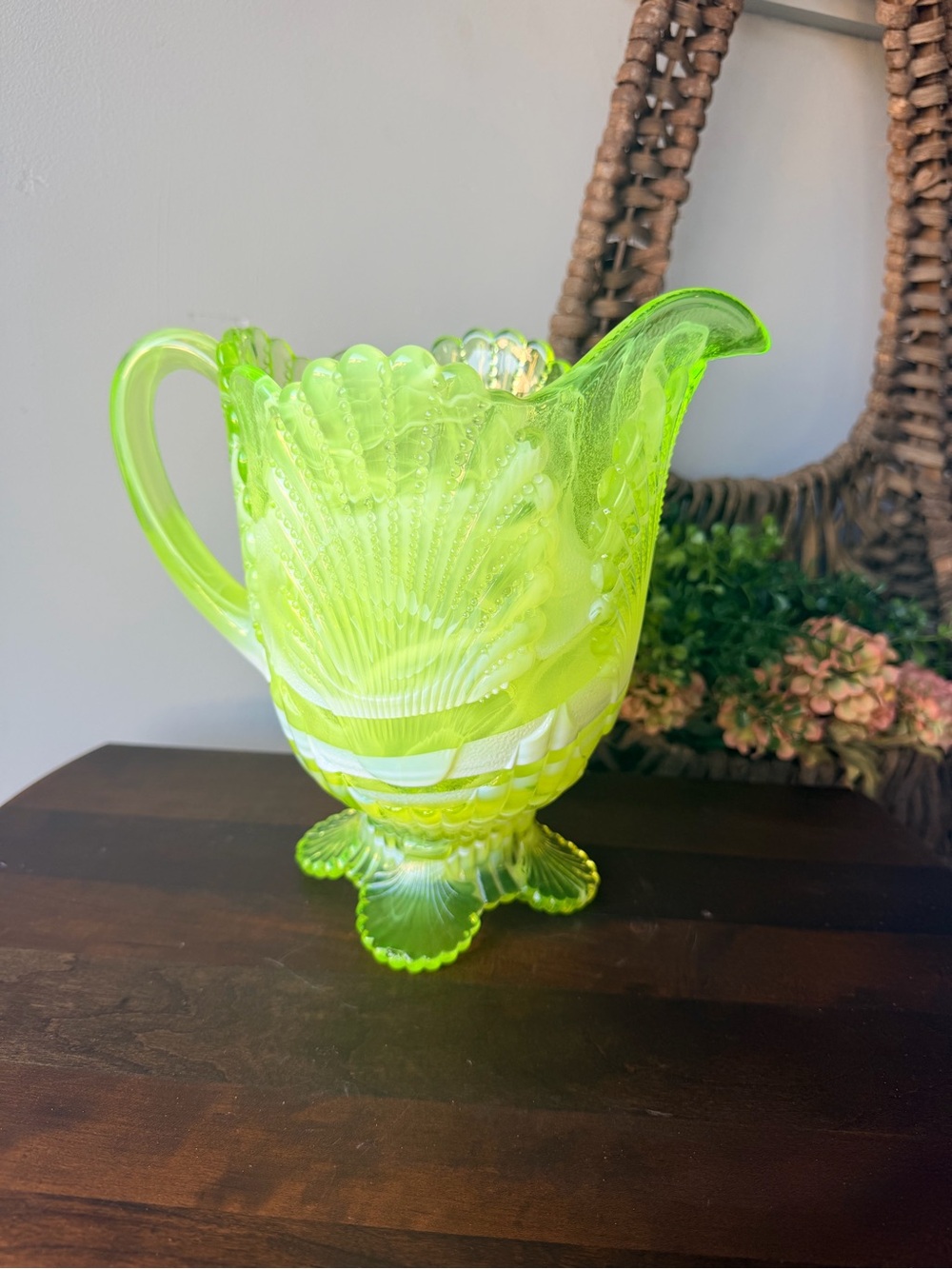 Vintage Mosser Vaseline Slag Glass Pitcher